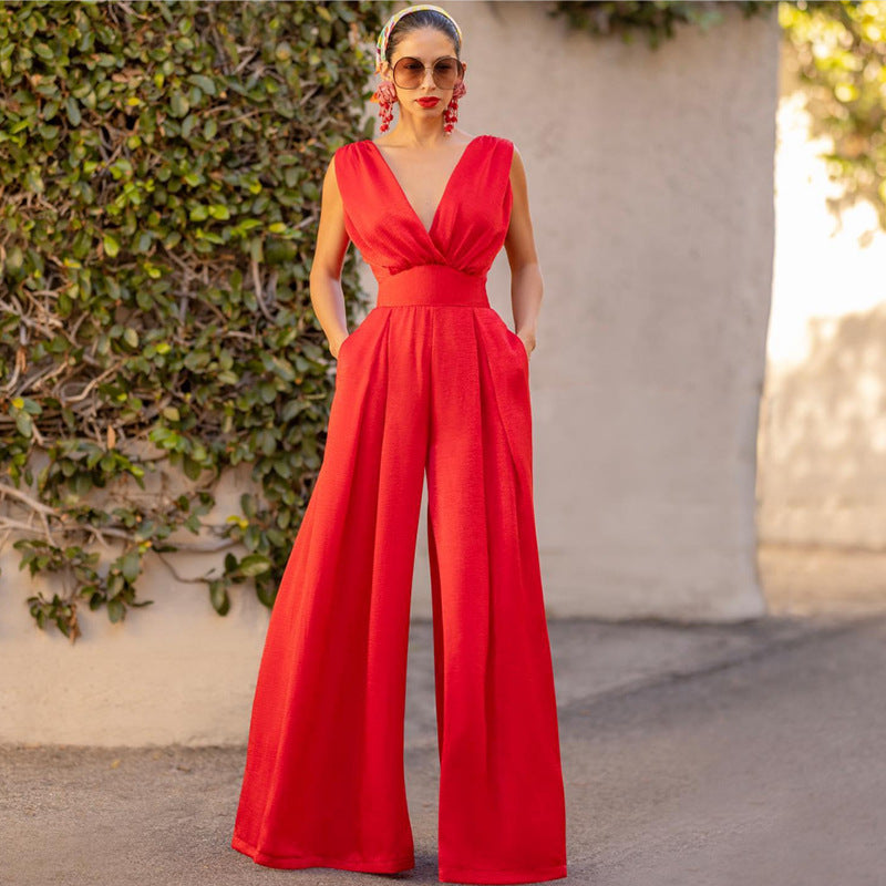 Women’s Jumpsuit – Slim Fit – Wide Leg – Sleeveless V-Neck – High Waist Elegant Style