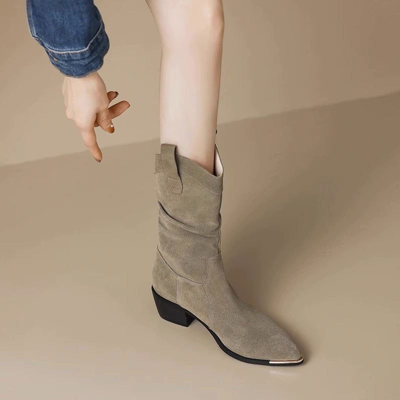 Suede Mid-Calf Pointed Toe Boots