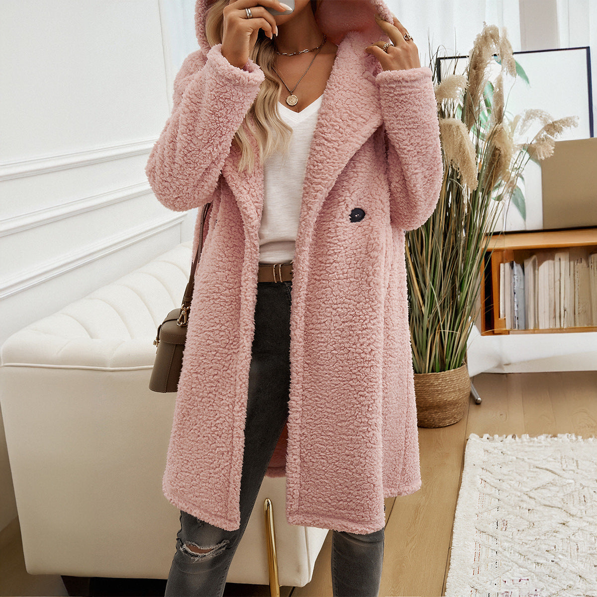 Textured Knit Loose Fit Hooded Coat 