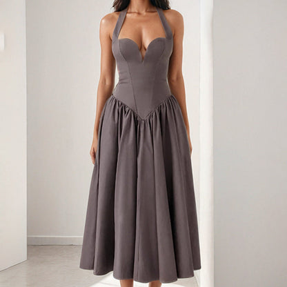 Women’s Halter Midi Dress – Satin Finish – A-Line Fit – Open Back – Sweetheart Neckline