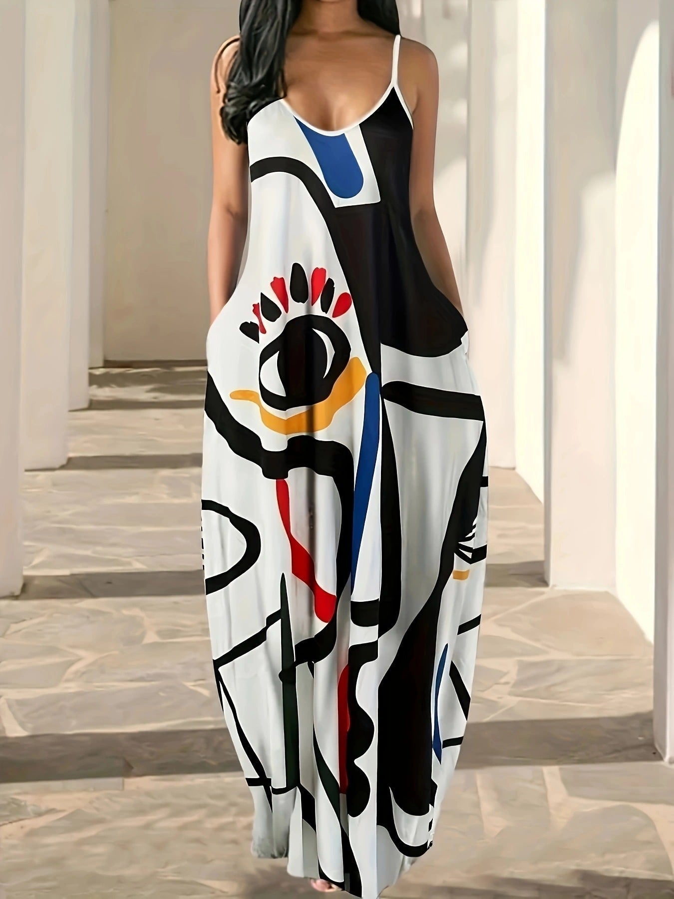 Abstract Print Cotton Blend Maxi Dress 
