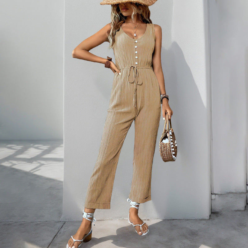 Textured Belted Relaxed Fit Jumpsuit