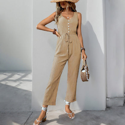 Women’s Jumpsuit – Relaxed Fit – Sleeveless V-Neck – Textured Fabric – Belted Waist