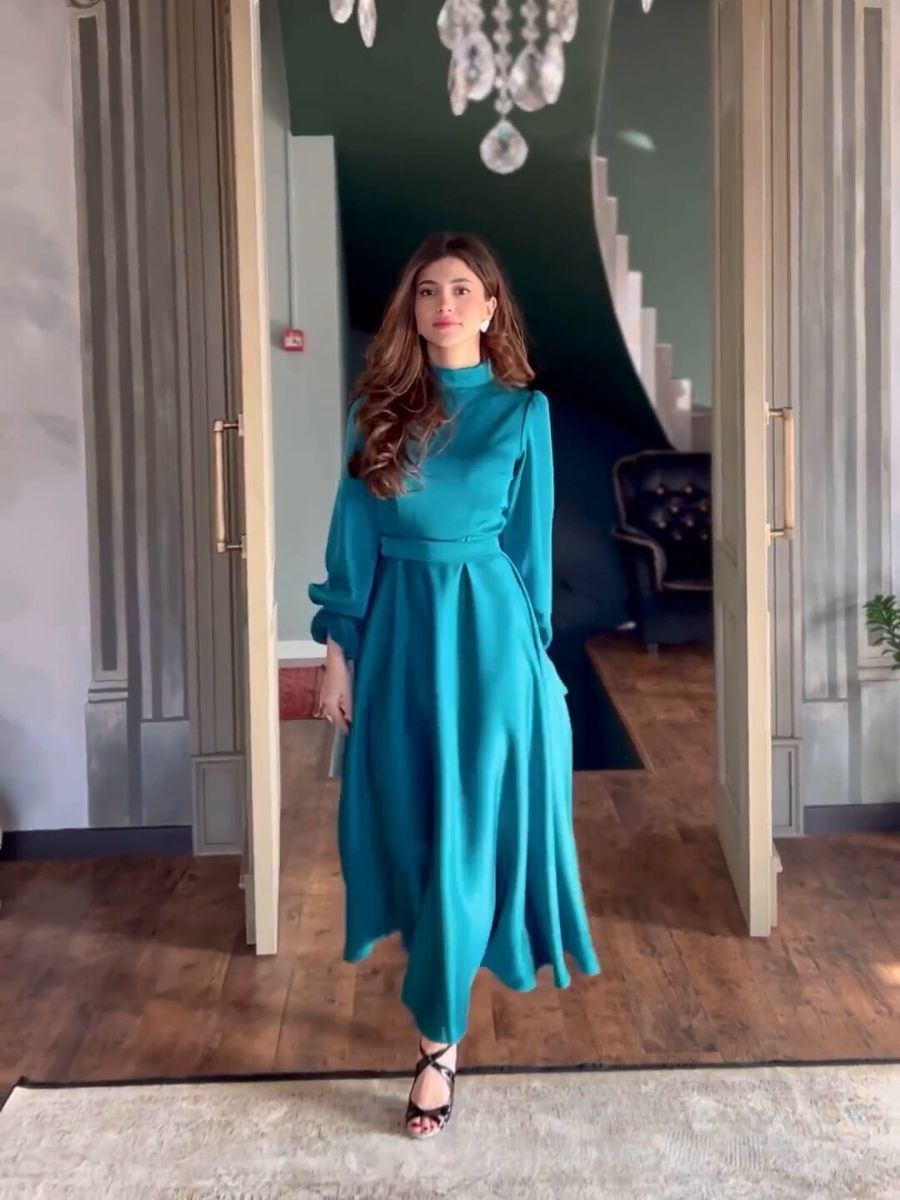 High Neck - Lantern Sleeve Long Dress