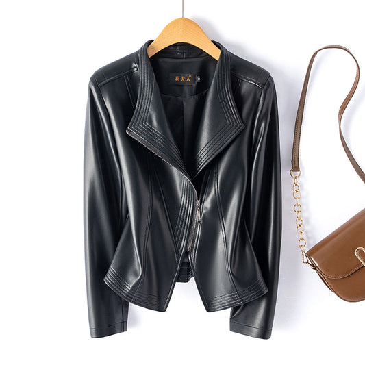 Faux Leather Cropped Notched Asymmetrical Jacket