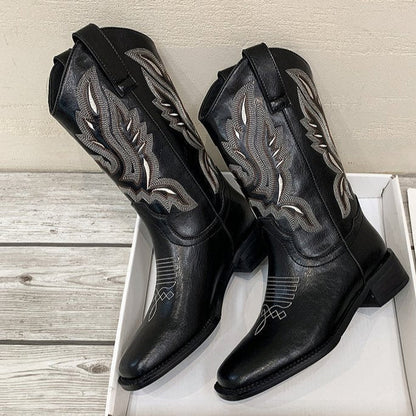 Women’s Boots - Leather - Mid-Calf - Embroidered Western Design - Squared Toe - Block Heel