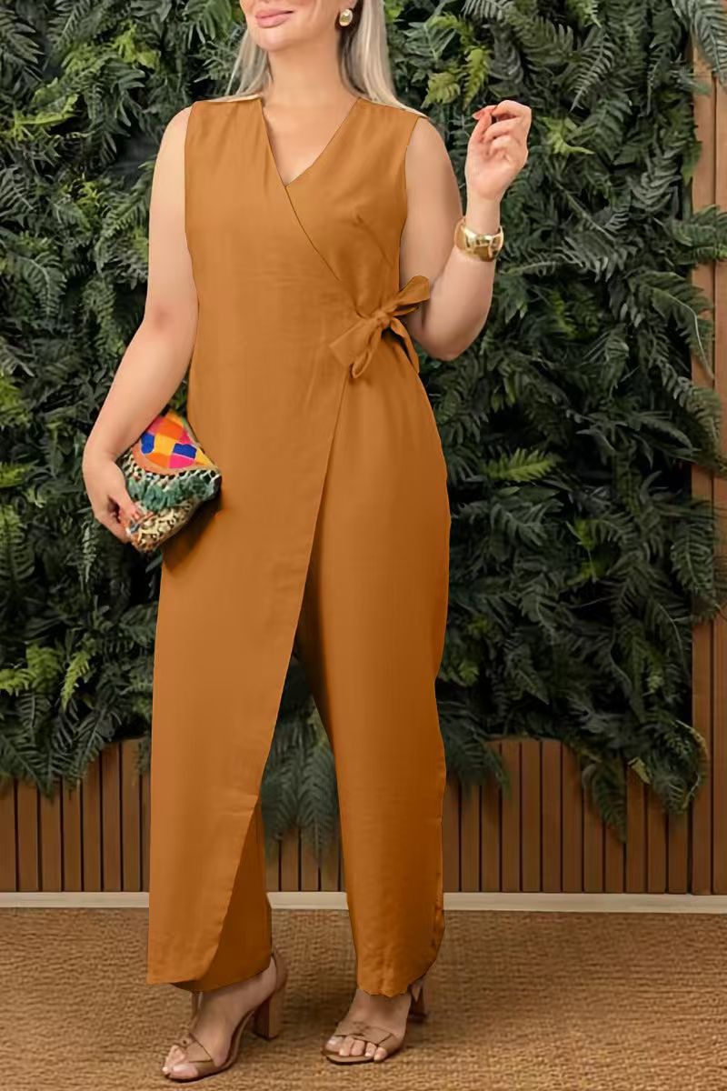 Relaxed Cotton V-Neck Wrap Jumpsuit 