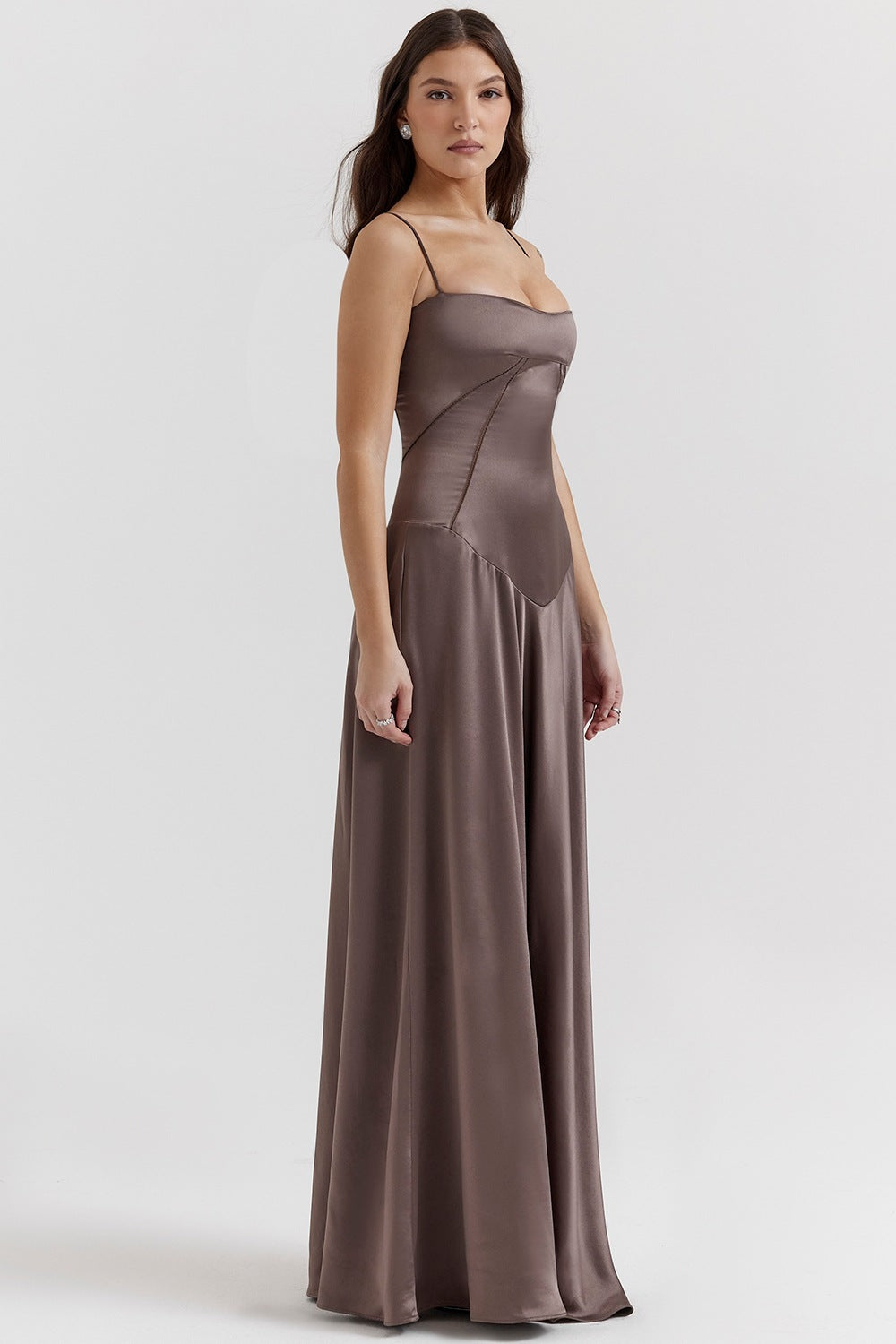 Women’s Evening Gown – Satin A-Line – Spaghetti Straps – Cut-Out Waist – Full Length