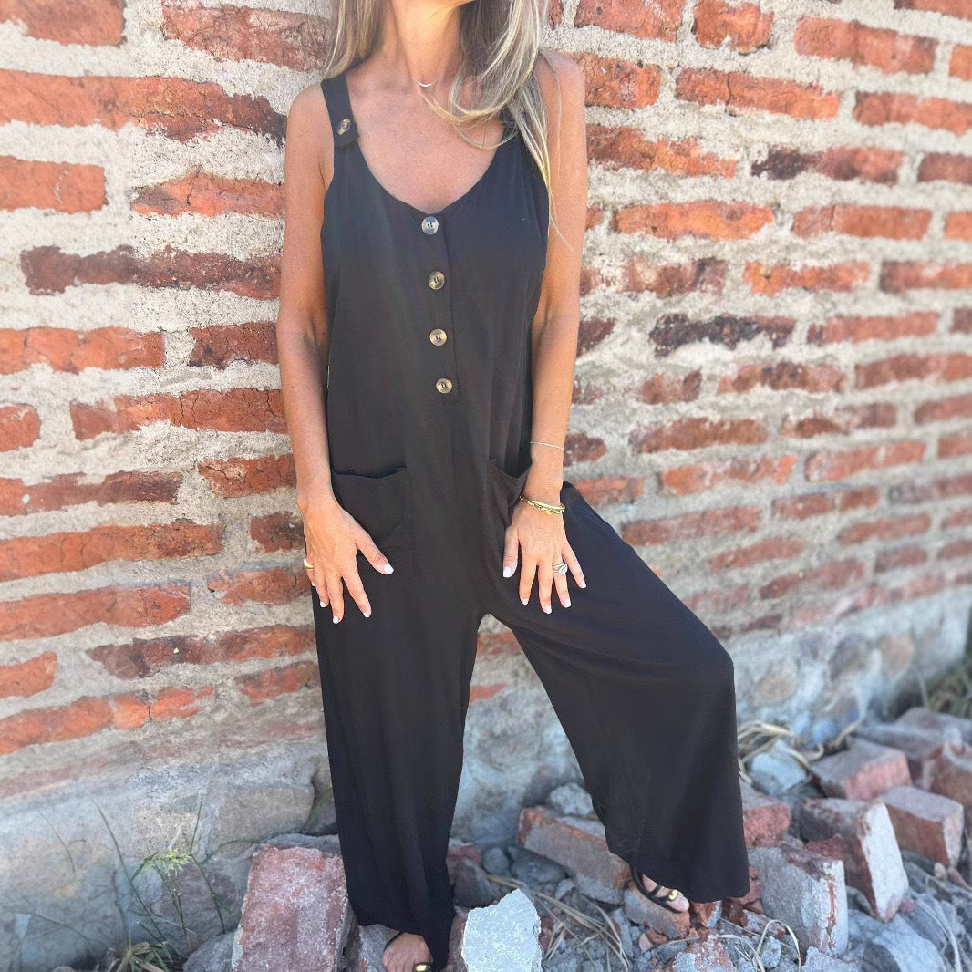 Women’s Jumpsuit – Relaxed Fit – Wide Leg – Decorative Buttons – Casual Everyday Style