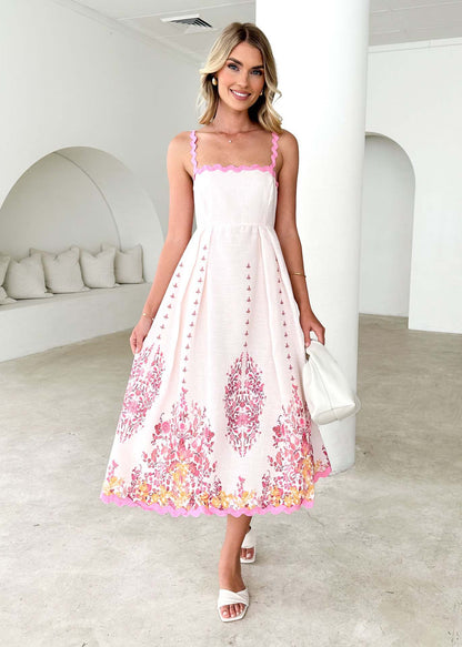 Women’s Midi Dress – Cotton Flared Fit – Scalloped Neckline – Tie-Back – Sleeveless
