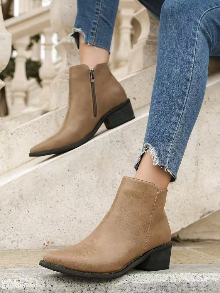 Leather Pointed Toe Low Block Heel Ankle Boots