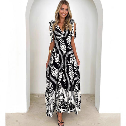 Women’s Maxi Dress – V-Neck – Tie Straps – Printed – Tiered Ruffle Skirt – Relaxed Fit