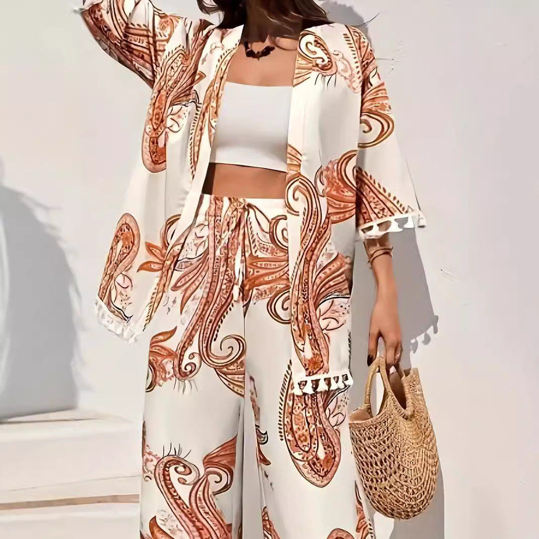 Paisley Print Relaxed Fit Kimono and Pants Set