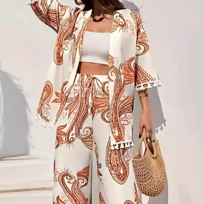 Women’s Kimono Cardigan and Pants Set – Relaxed Fit – Paisley Print – Breathable Blend
