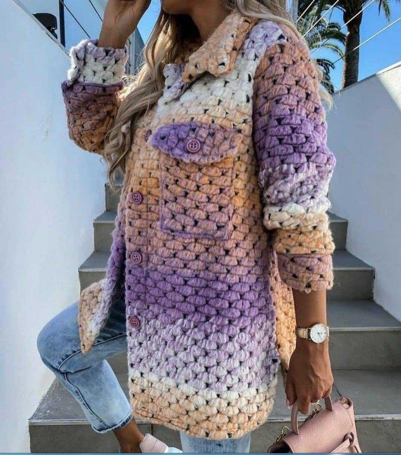Women’s Crocheted Cardigan - Chunky Knit - Mid-Length - Button Front with Pockets