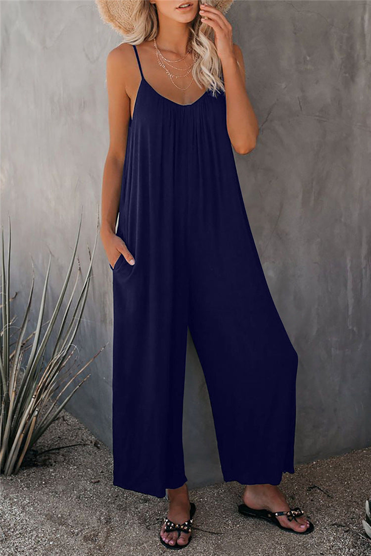 Women’s Jumpsuit – Relaxed Fit – Spaghetti Straps – Breathable Blend – Full Length – Pockets