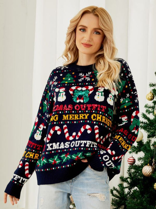 Festive Knit Pattern Loose Fit Cropped Sweatshirt 