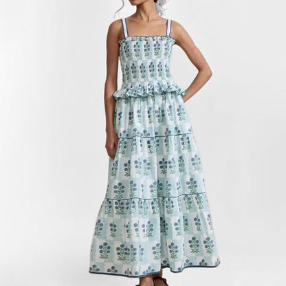 Women’s Sundress – Shirred Bodice – Tiered A-Line – Sleeveless Cotton Blend