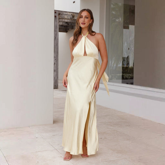 Satin Fitted Keyhole Halter Dress