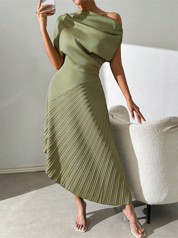 Asymmetrical Pleated One Shoulder Midi Dress