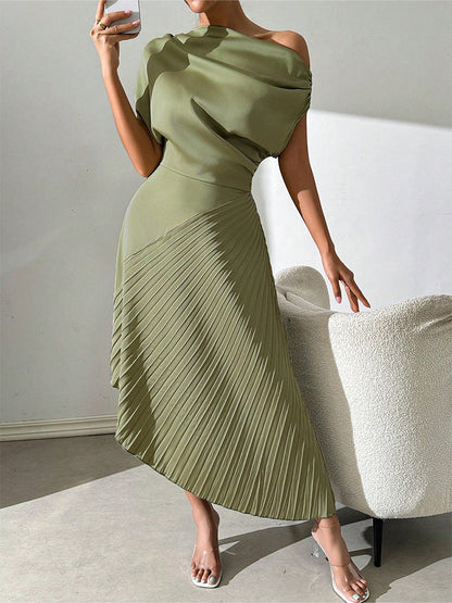 Women’s Midi Dress – One Shoulder – Asymmetrical Fit – Pleated Skirt – Elegant Style