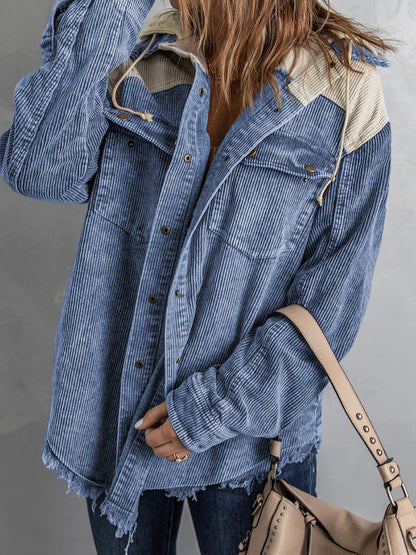 Women’s Hooded Jacket – Corduroy – Oversized Fit – Button Front – Frayed Hem Casual