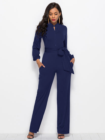 Women's Jumpsuit - V-Neck Button Front - Long Sleeve Wide Leg - Belted Waist