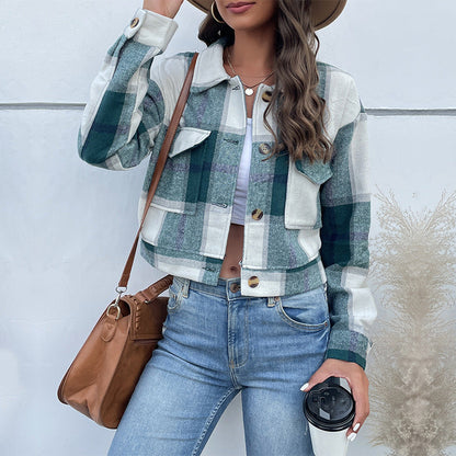 Women's single-breasted plaid lapel jacket