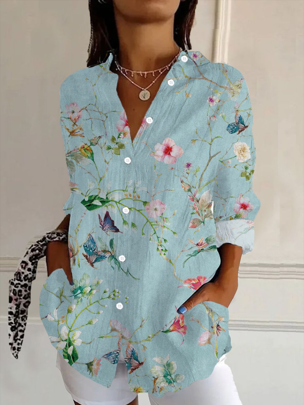 Women’s Printed Shirt - Relaxed Fit - Breathable Blend - Long Sleeve Casual Top