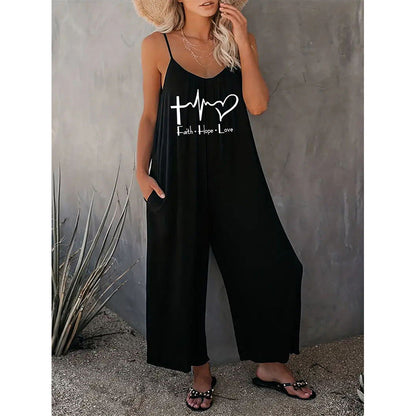 Women’s Jumpsuit – Relaxed Fit – Deep V-Neck – Wide Leg – Pockets