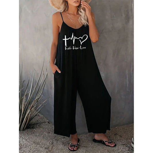 Women’s Jumpsuit – Relaxed Fit – Deep V-Neck – Wide Leg – Pockets