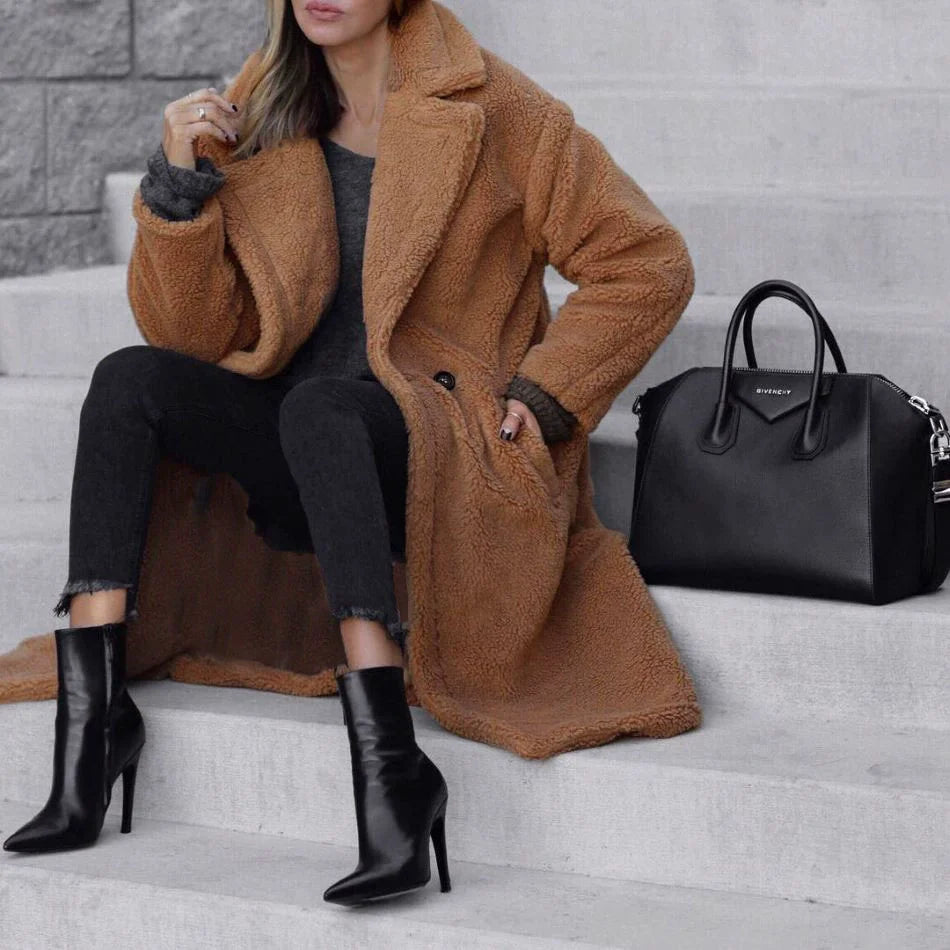 Women’s Long Coat – Oversized Fit – Plush Fleece – Notched Lapel – Full Length