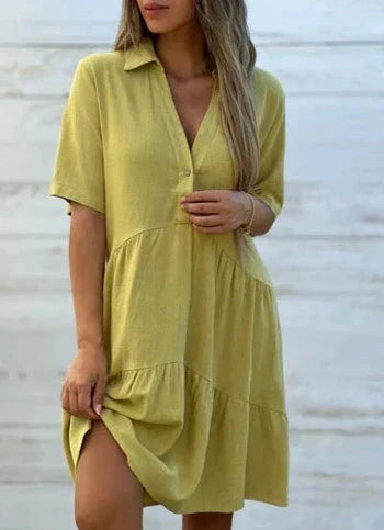 Women's Casual Dress - V-Neck Button Front - Short Sleeve Tiered A-Line Fit