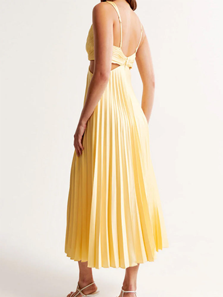 Women’s Maxi Dress – Chiffon Feel – Plunging V-Neck – Pleated Skirt – Cut-Out Details