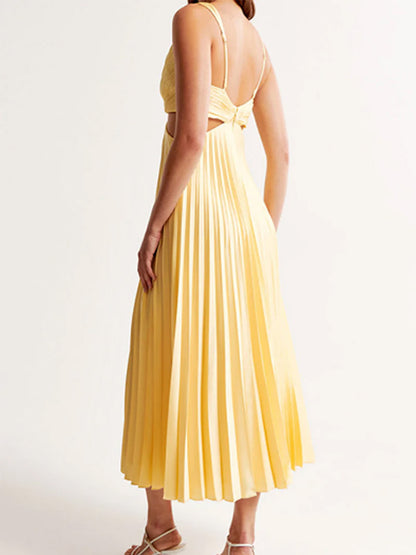 Women’s Maxi Dress – Chiffon Feel – Plunging V-Neck – Pleated Skirt – Cut-Out Details