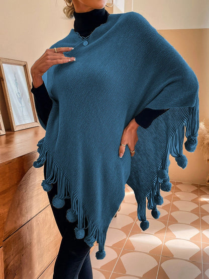 Women’s Shawl Sweater Cape – Knitted – Relaxed Fit – Tassel Fringe with Fur Pom-Poms