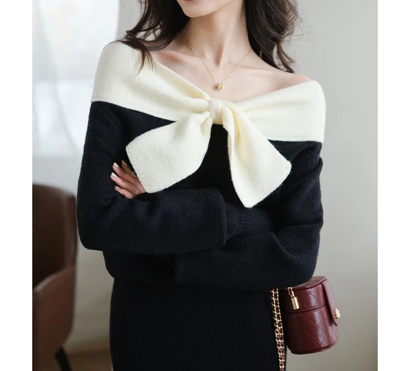 Women's Knit Sweater - Off-Shoulder Design - Long Sleeve with Bow Detail