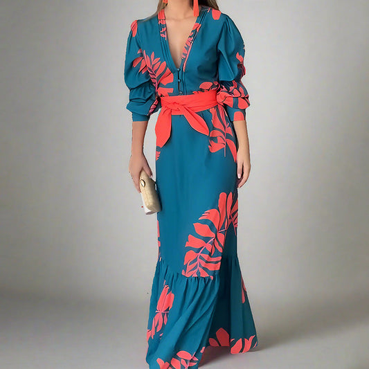 Belted Bold Print Flared Maxi Dress