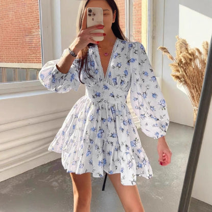 Women’s A-Line Dress – V-Neck Lace Trim – Long Puff Sleeve – Floral Mini Skirt