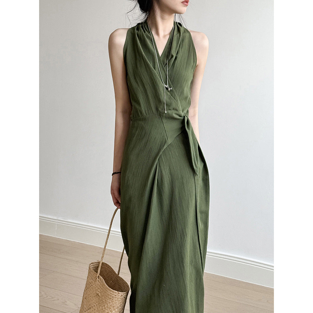 Women’s Halter Dress – Slim Fit – V-Neck – Waist Tie – Flowy Full-Length Style