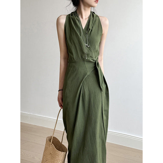 Flowy Slim Fit Halter Dress With Waist Tie