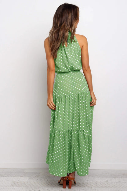 Women's Polka Dot Halter Maxi Dress – Elegant & Lightweight A-Line Fit