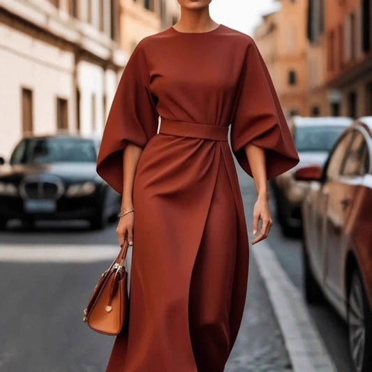 Fitted Waist Draped Silhouette Long Dress