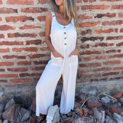 Women’s Jumpsuit – Relaxed Fit – Wide Leg – Decorative Buttons – Casual Everyday Style