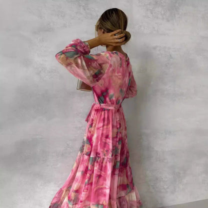 Women’s Long Dress – V-Neck – Belted Waist – Tiered Skirt – Lightweight Flowy Fit