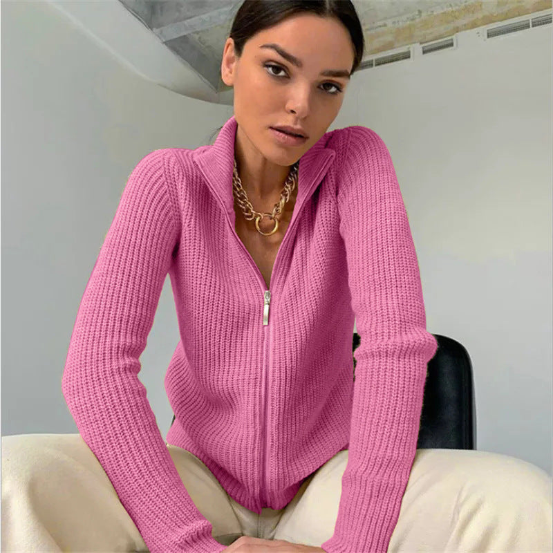 Ribbed Fitted Zipper Front Knit Cardigan 