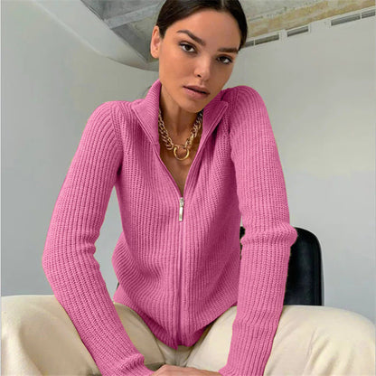 Women’s Cardigan – Fitted Knit – High Collar – Ribbed Texture – Zipper Front – Long Sleeve