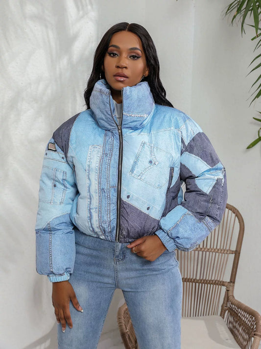 Oversized Patchwork Denim Puffy Fit Jacket 