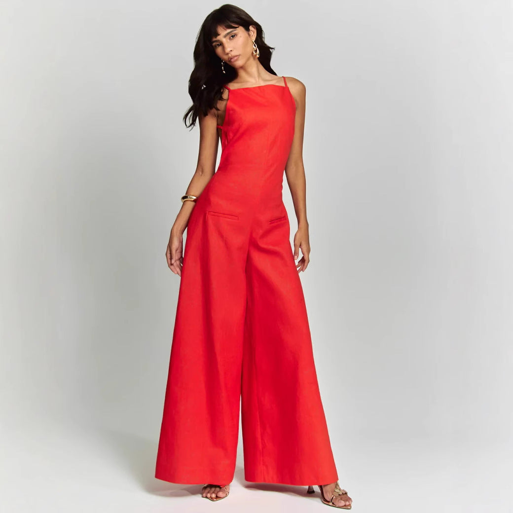 Women’s Sleeveless Jumpsuit – Relaxed Fit – Wide Leg – Cotton Linen Blend