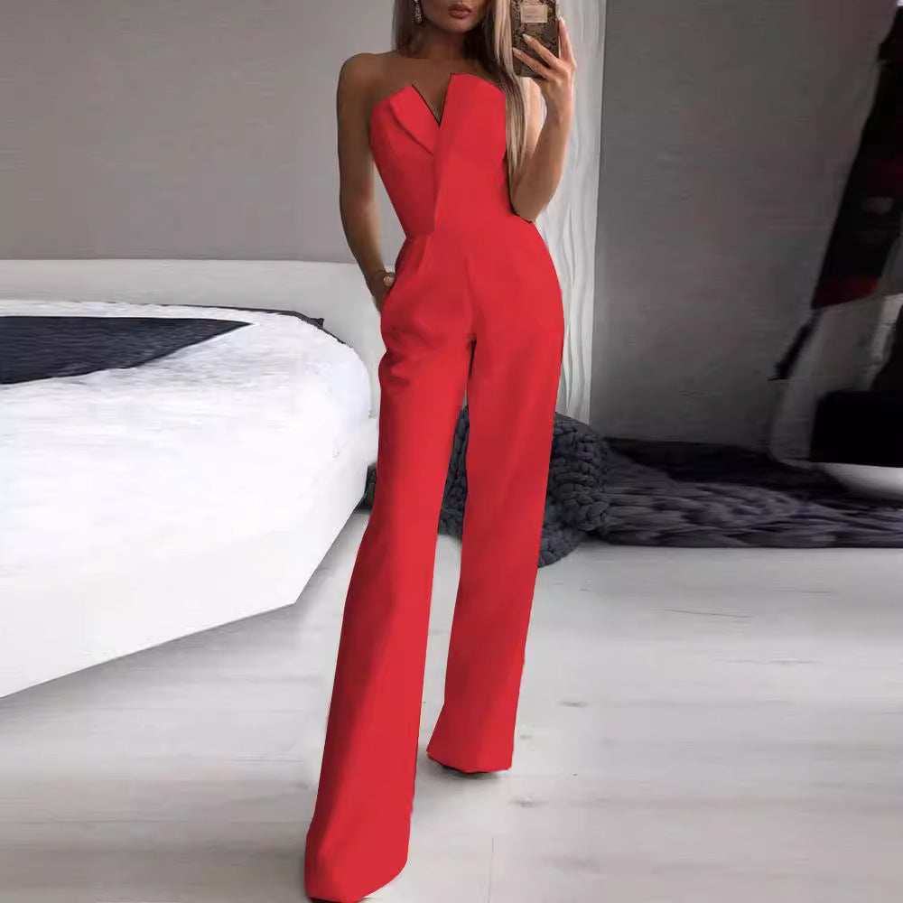 Women’s Jumpsuit – Strapless Asymmetrical Neckline – Tailored Fit – Wide Leg Formal